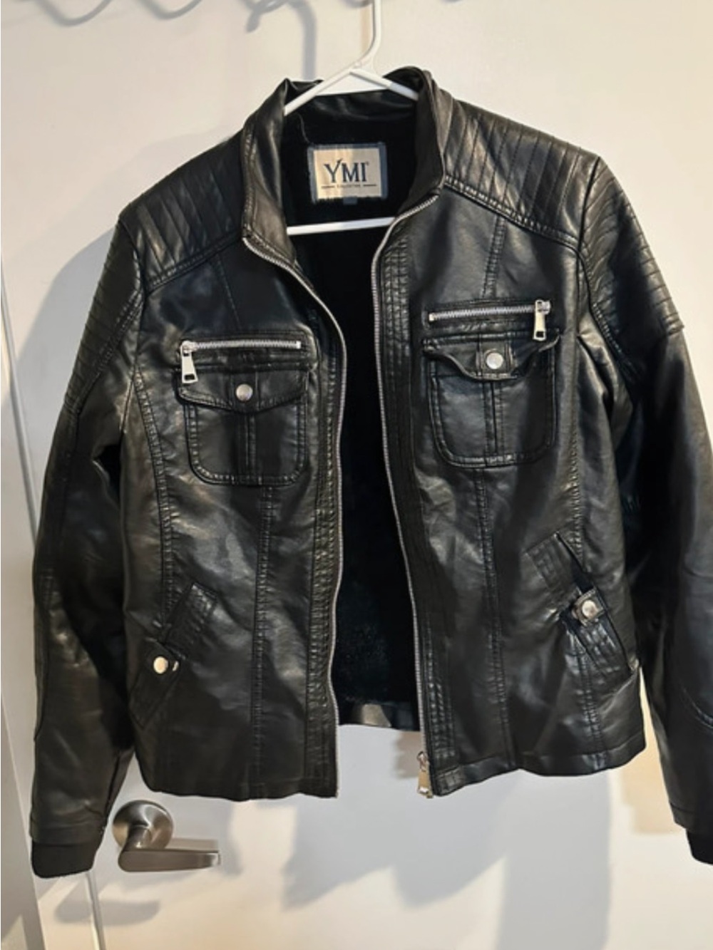 YMI Black Faux Leather Moto Jacket with Quilted Shoulders
